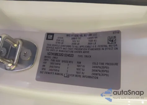 2016 GMC Canyon из США, поврежденный, VIN 1GTH5BE32G1334523